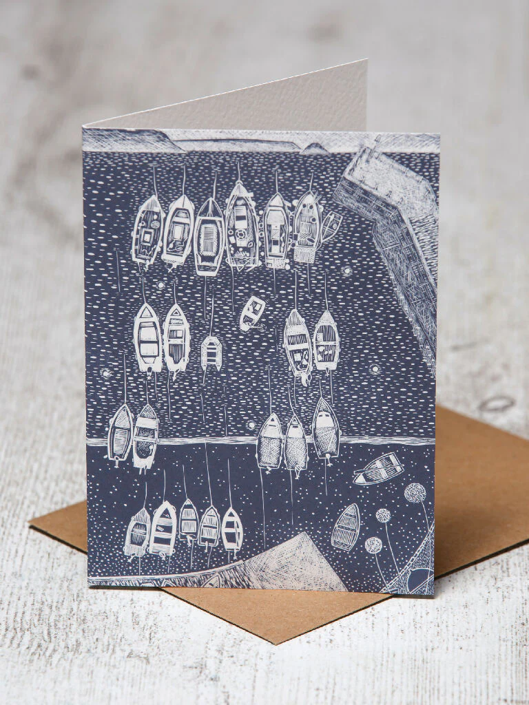 End of the Day Portscatho, A6 Lino Print Greeting Card