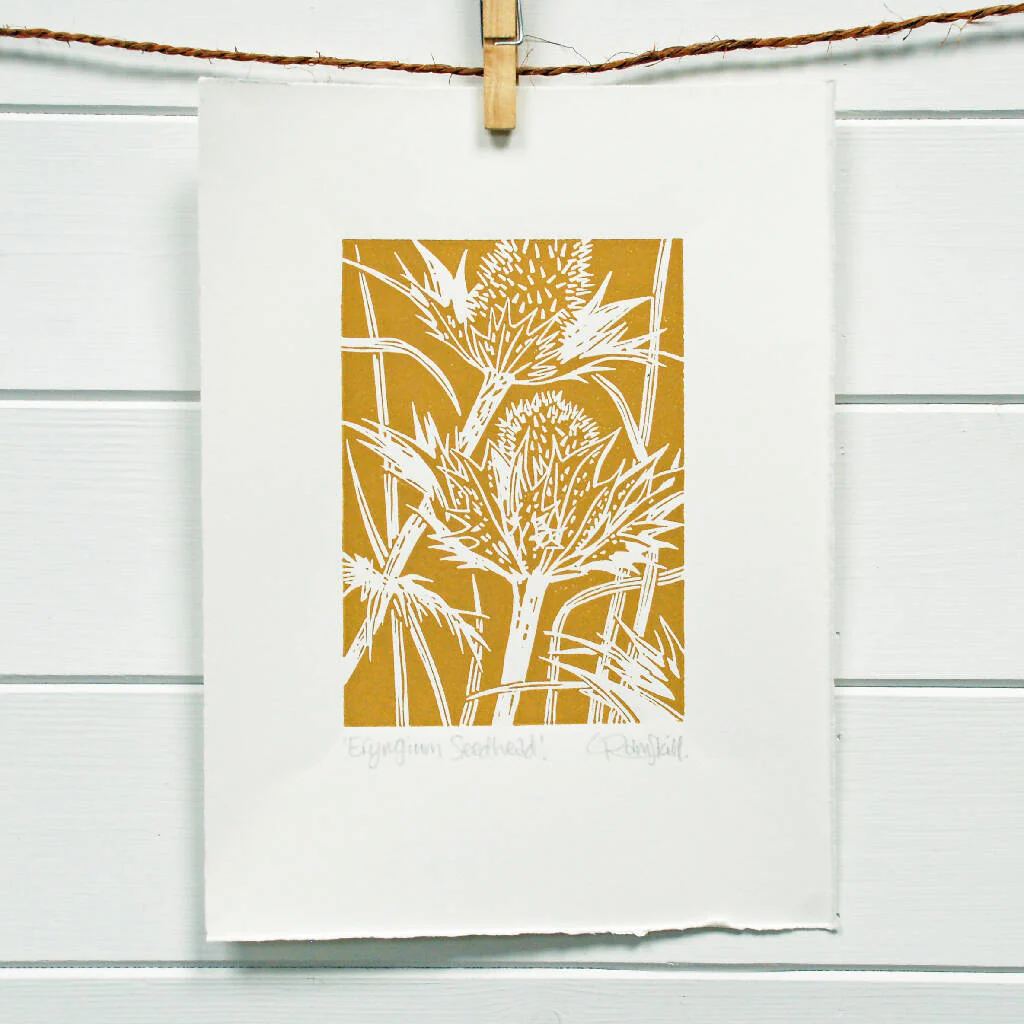 Eryngium Seedhead in Caramel - Open Ended Edition - Original Linocut Print