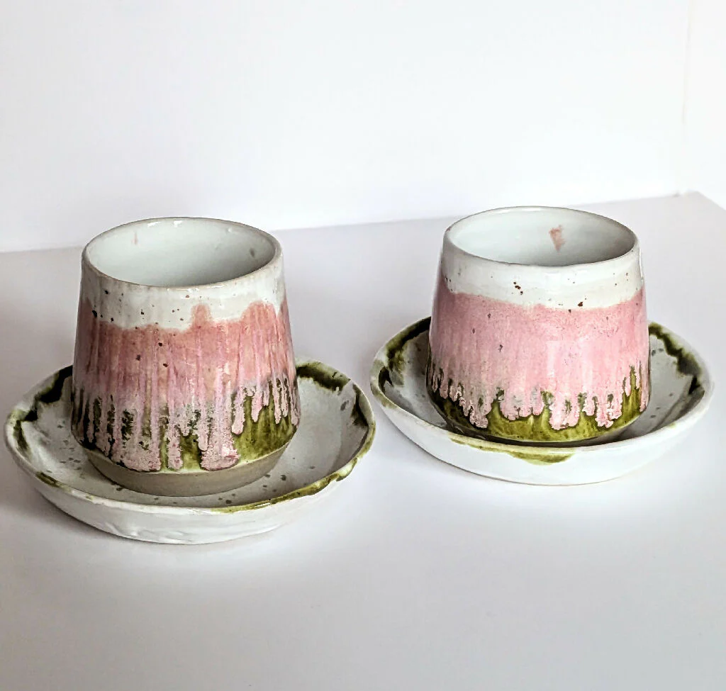ESPRESSO SET of 2 cups and saucers - Moss and Blossom - Image 2
