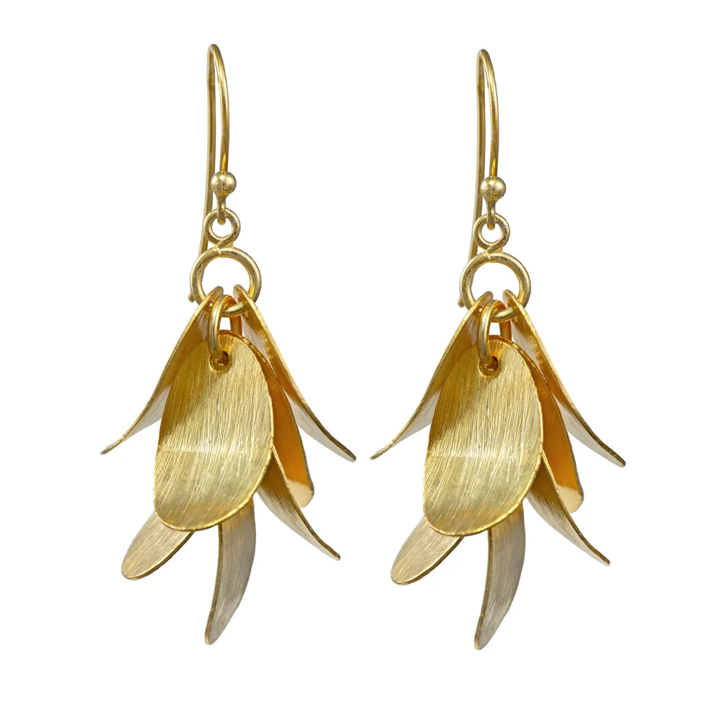Falling Leaves Brushed Gold Plated Silver Long Dangle Earrings - Image 2