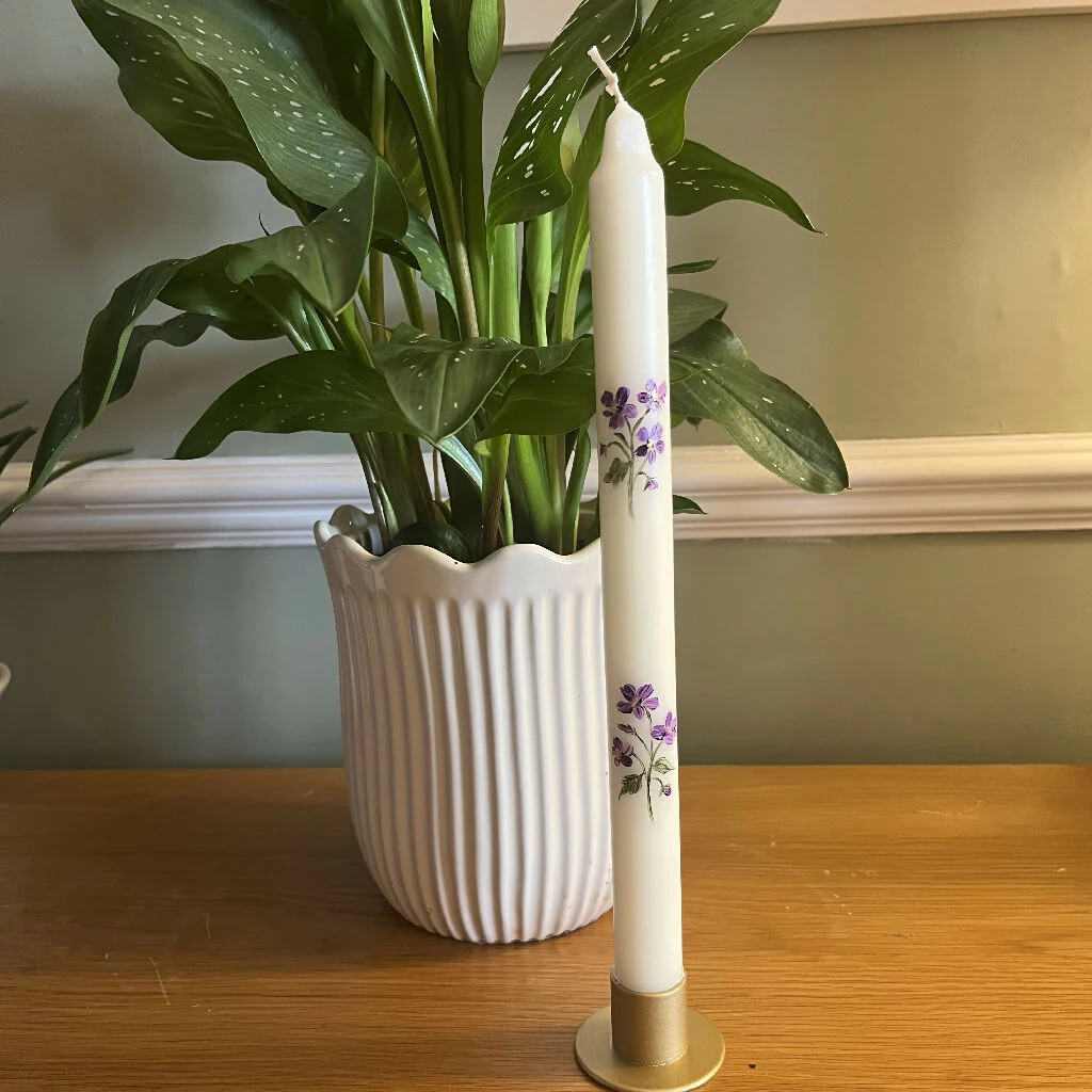 February Birth Flower Candle - Hand Painted Violet Candle with Metal Holder - Image 3