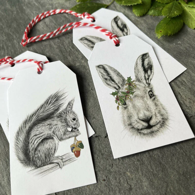 Festive Hare and Red Squirrel Hand-Finished Christmas Gift Tags - Set of 4 - Image 2