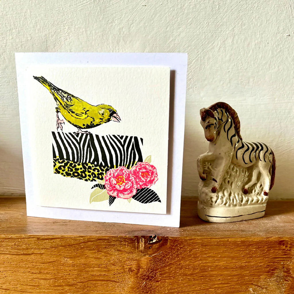 Finch & Zebra Stripes Hand Screenprinted Card