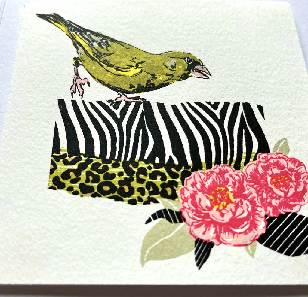 Finch & Zebra Stripes Hand Screenprinted Card - Image 2