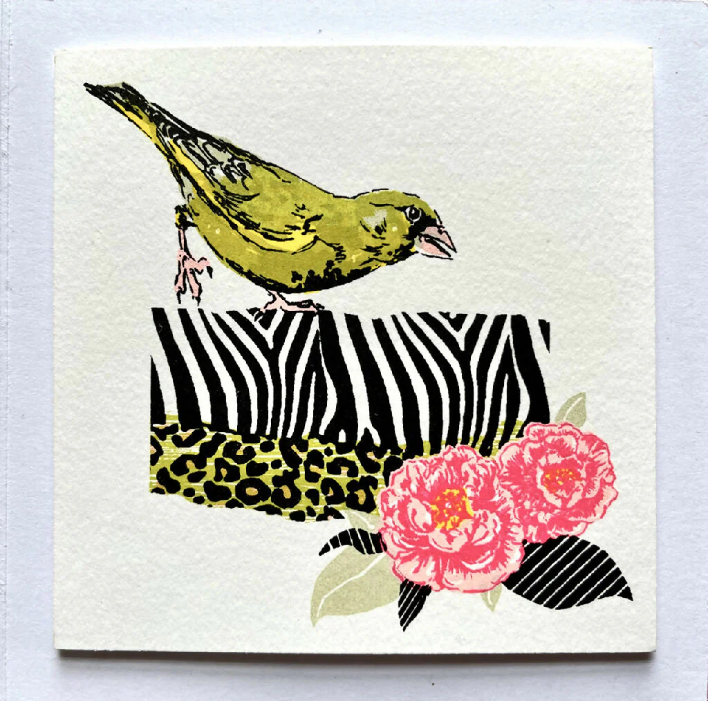 Finch & Zebra Stripes Hand Screenprinted Card - Image 3