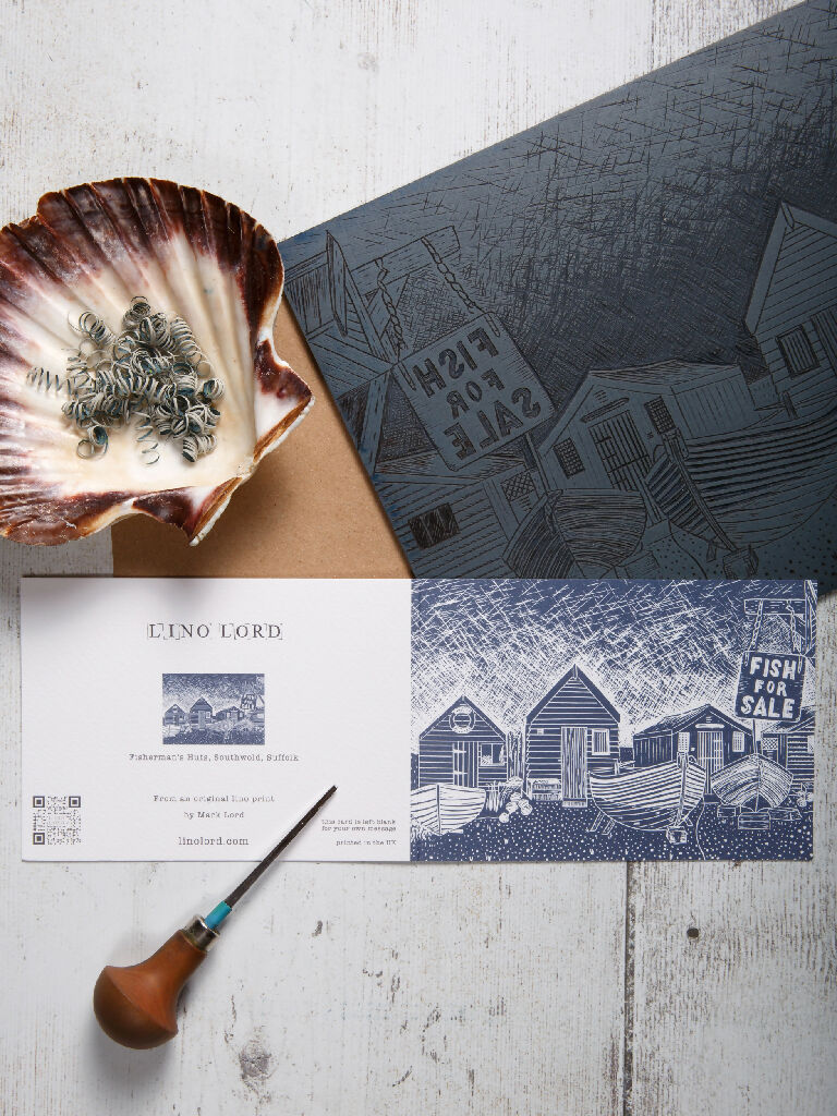 Fisherman's Huts Southwold, A6 Lino Print Greeting Card - Image 2