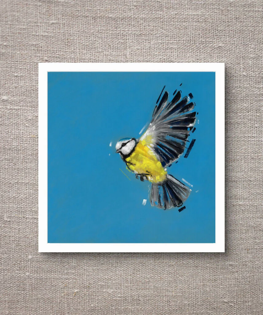 Flicker in Blue Blue Tit Giclee Fine Art Print with Blue Background - Image 3