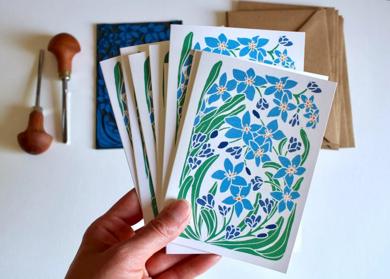Forget-me-not Linocut Art Notecards | Set of 8 Notecards & Envelopes - Image 3