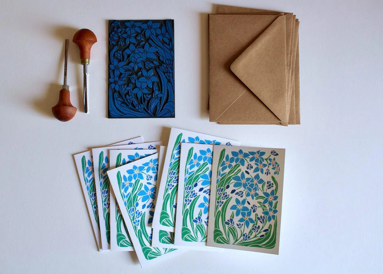 Forget-me-not Linocut Art Notecards | Set of 8 Notecards & Envelopes - Image 4