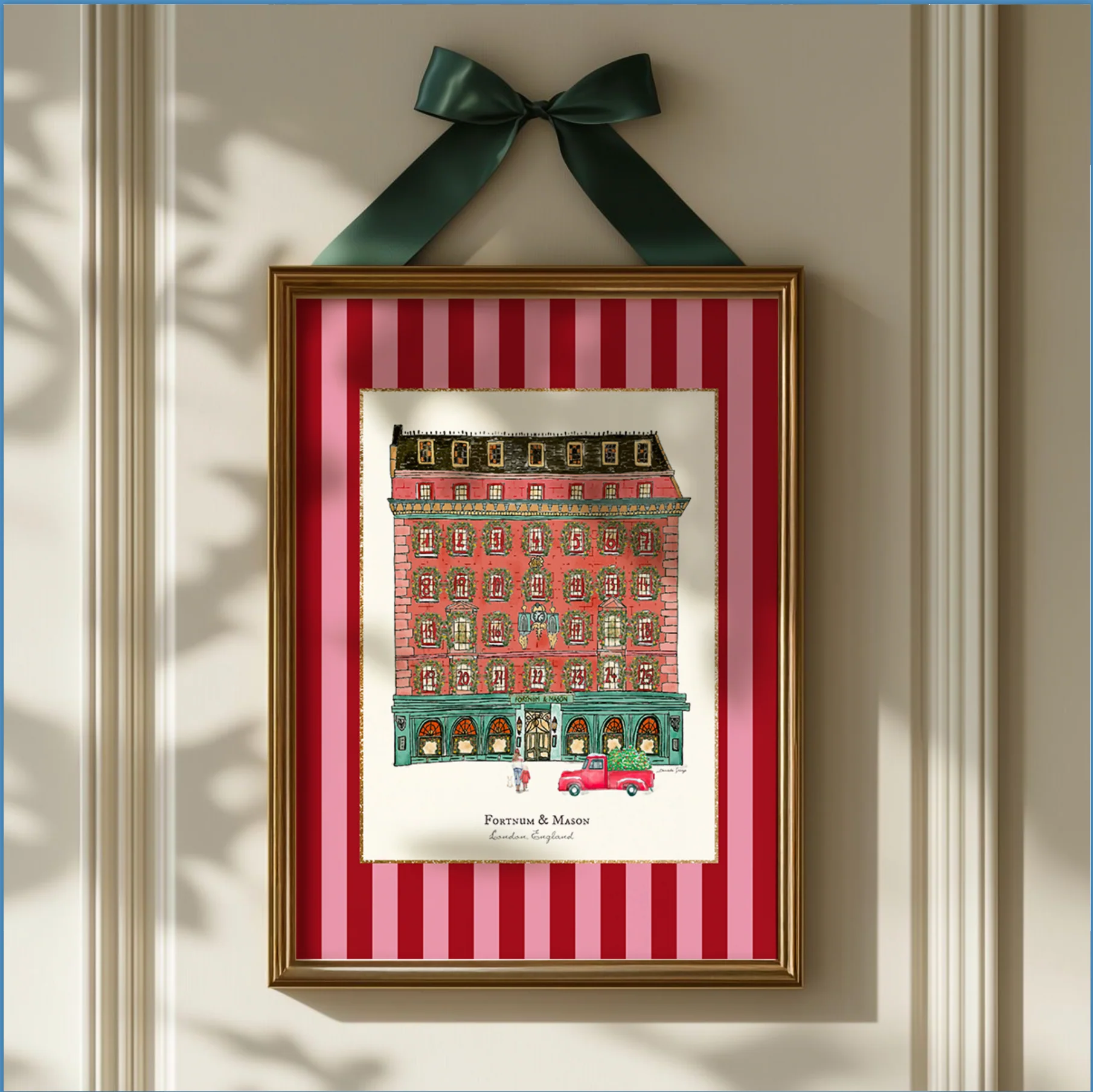 Fortnum & Mason in Winter, London Store Watercolor Illustration on Striped Background
