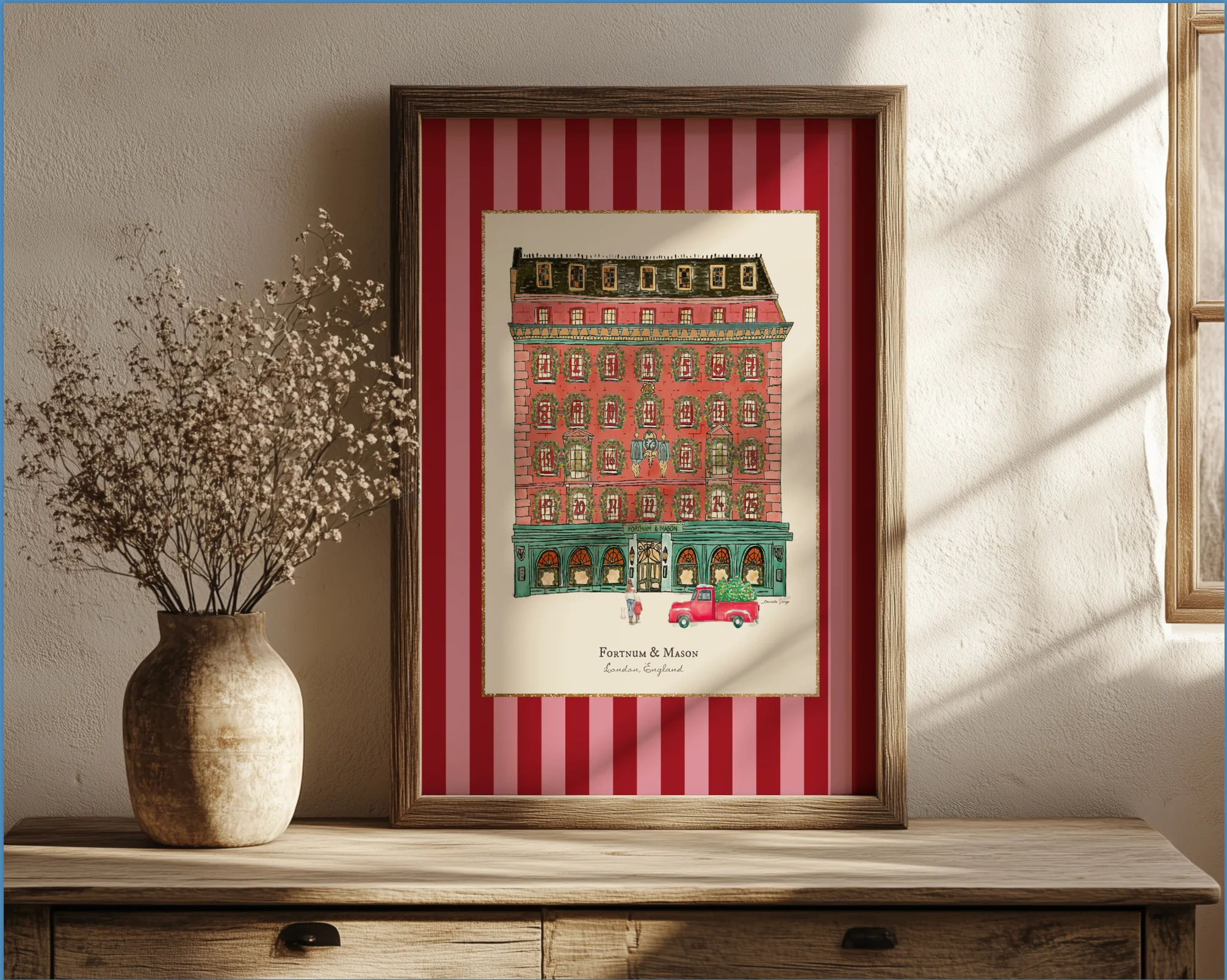 Fortnum & Mason in Winter, London Store Watercolor Illustration on Striped Background - Image 2
