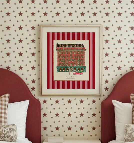 Fortnum & Mason in Winter, London Store Watercolor Illustration on Striped Background - Image 3
