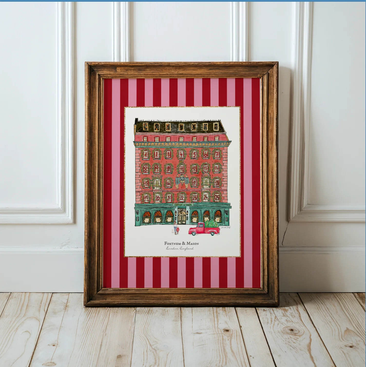 Fortnum & Mason in Winter, London Store Watercolor Illustration on Striped Background - Image 4