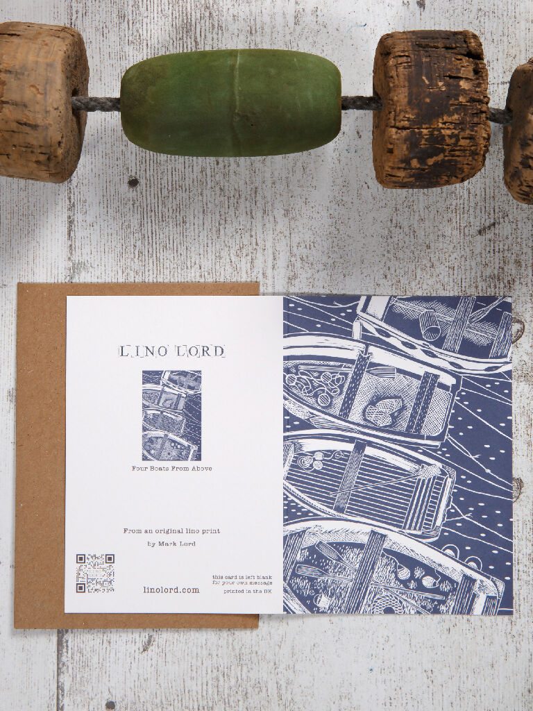 Four Boats From Above, A6 Lino Print Greeting Card - Image 2