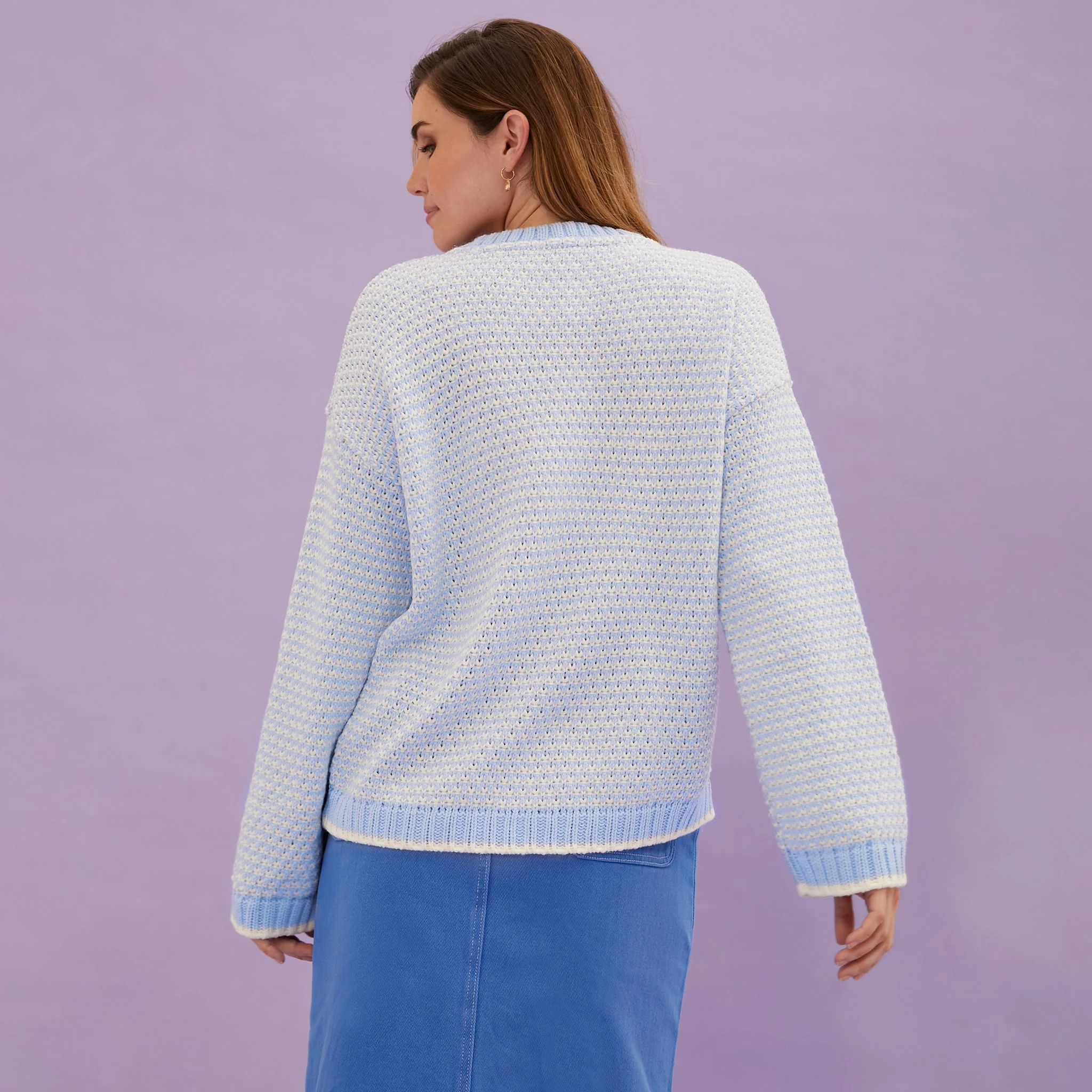 Frankie Cable Knit Crew Neck Jumper - Blue - Image 4