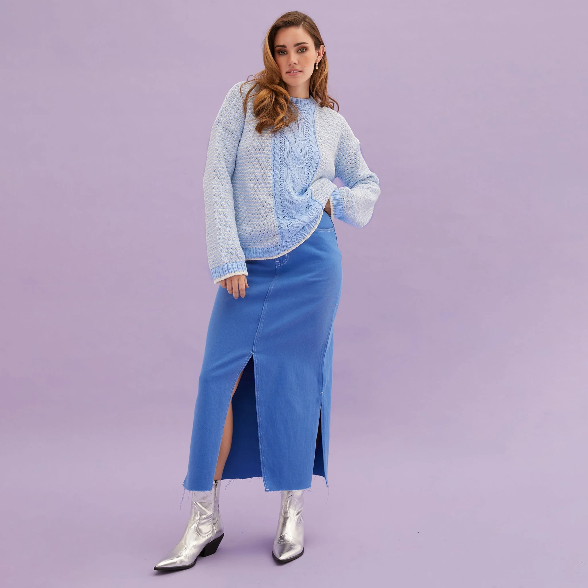 Frankie Cable Knit Crew Neck Jumper - Blue - Image 5