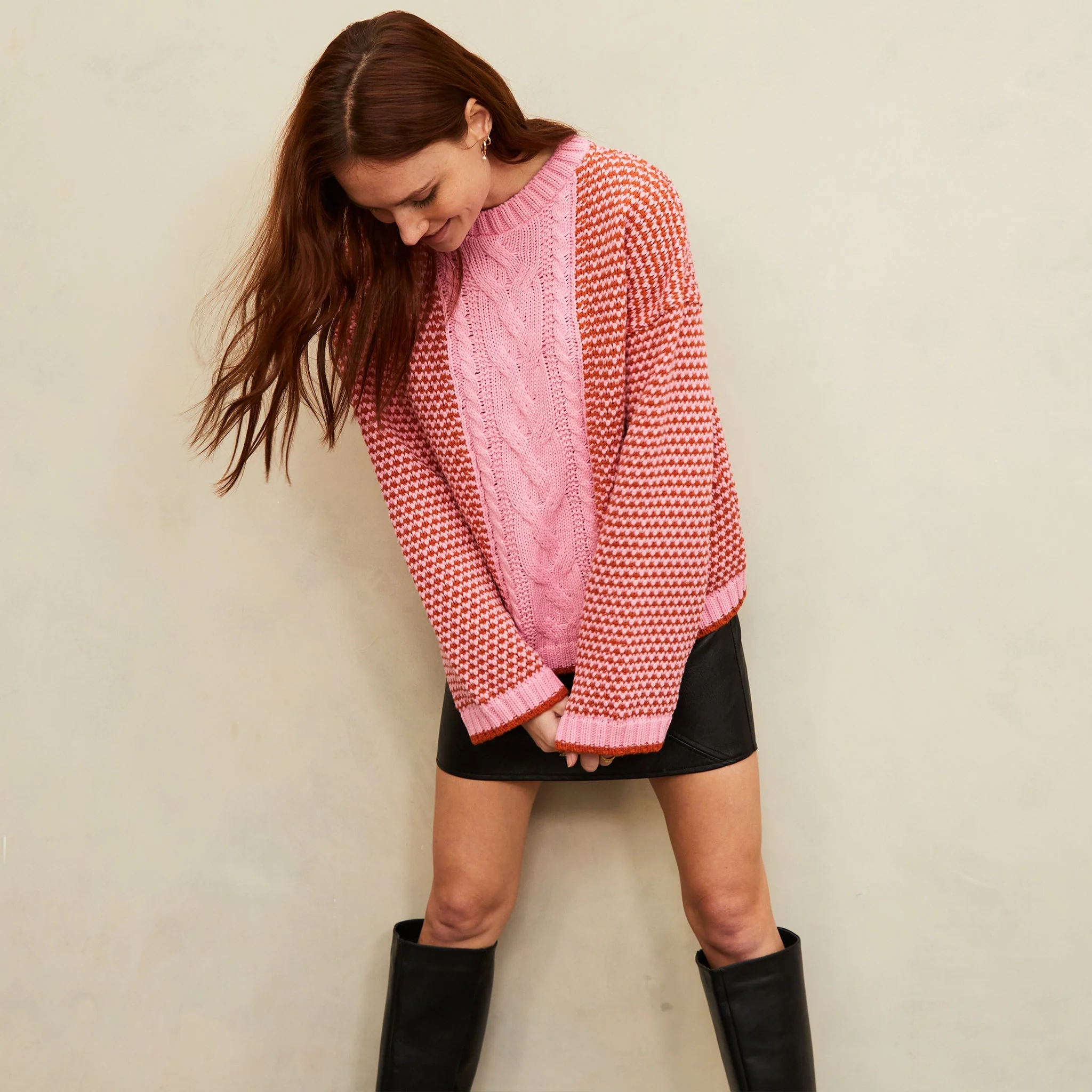Frankie Cable Knit Crew Neck Jumper - Pink - Image 3