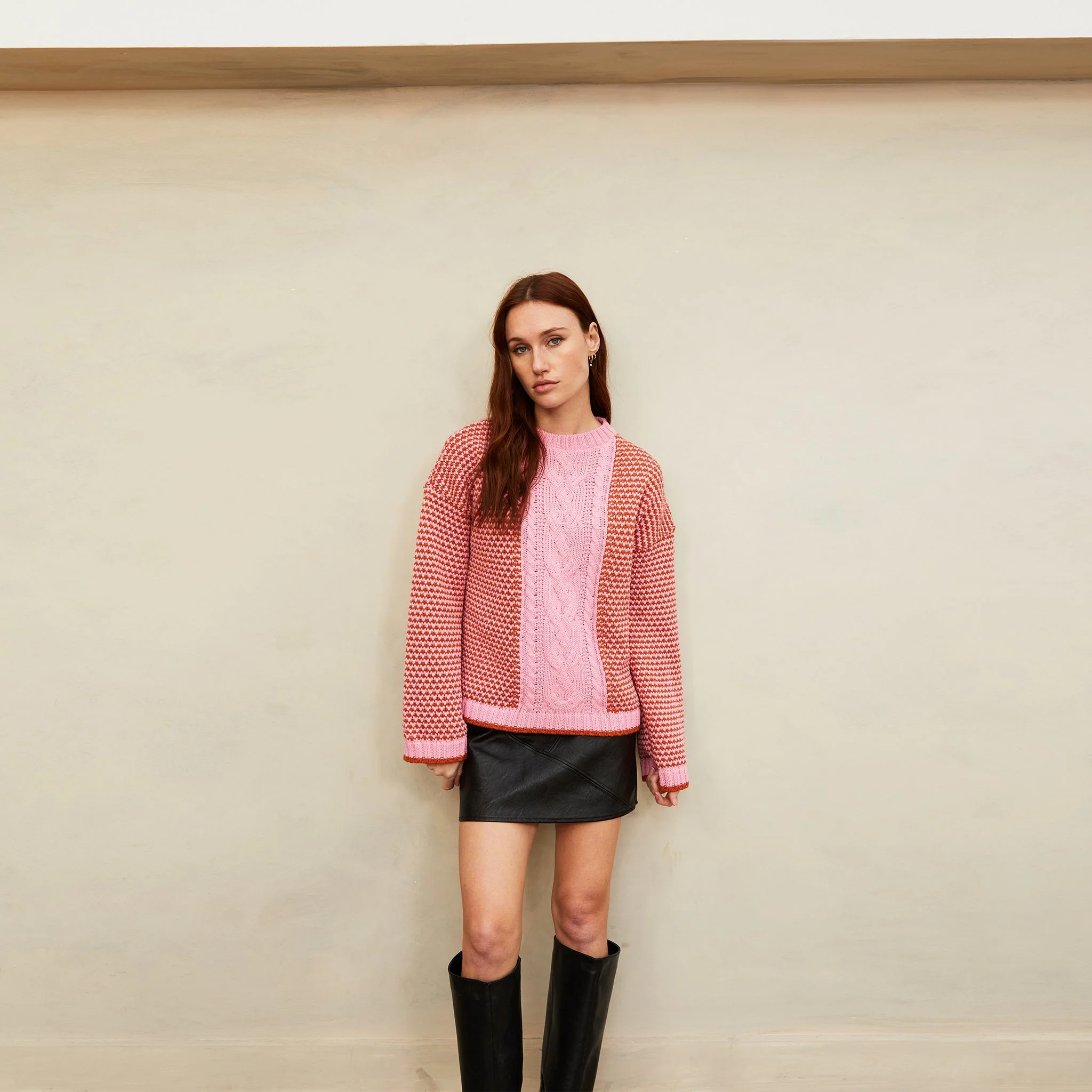 Frankie Cable Knit Crew Neck Jumper - Pink - Image 4