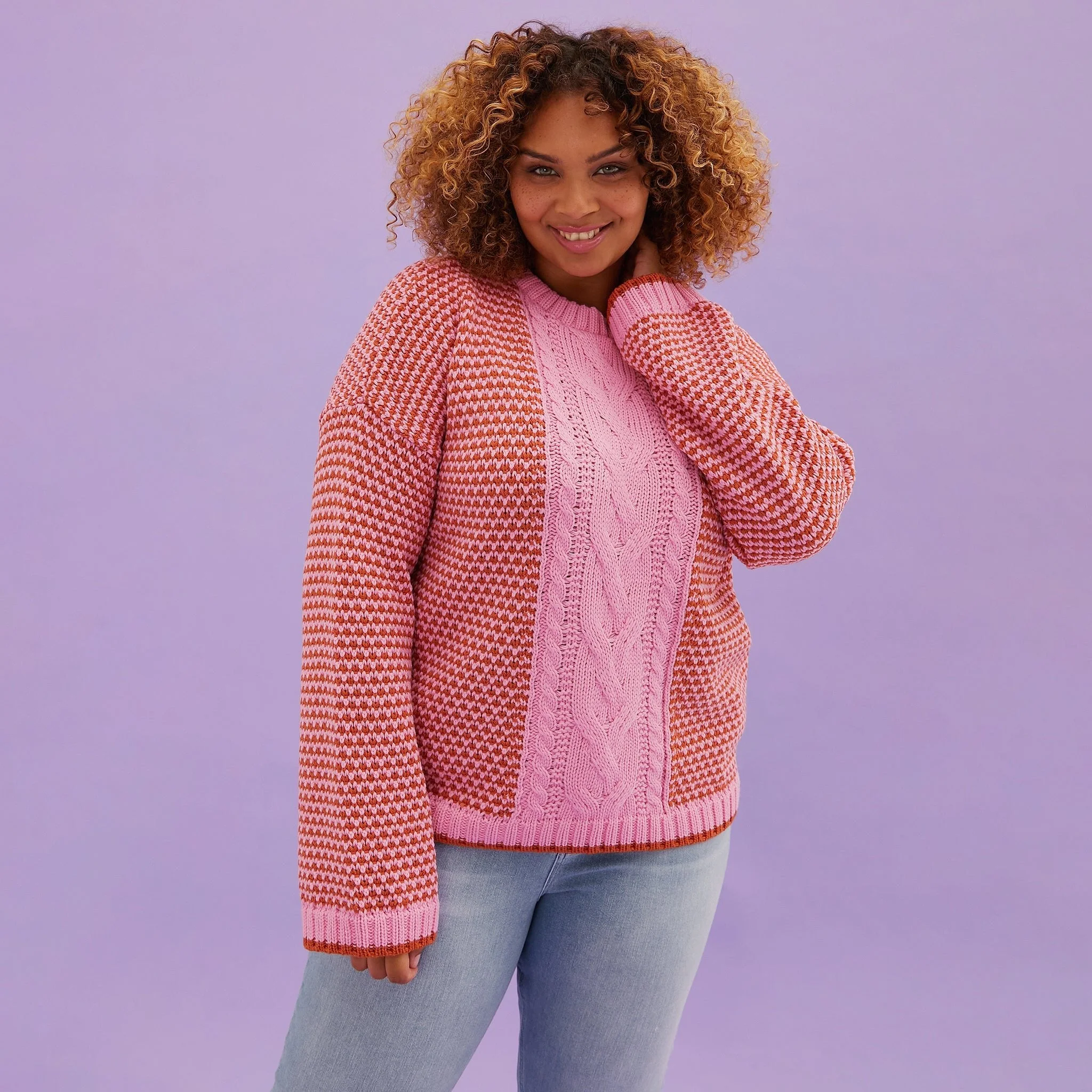 Frankie Cable Knit Crew Neck Jumper - Pink - Image 5