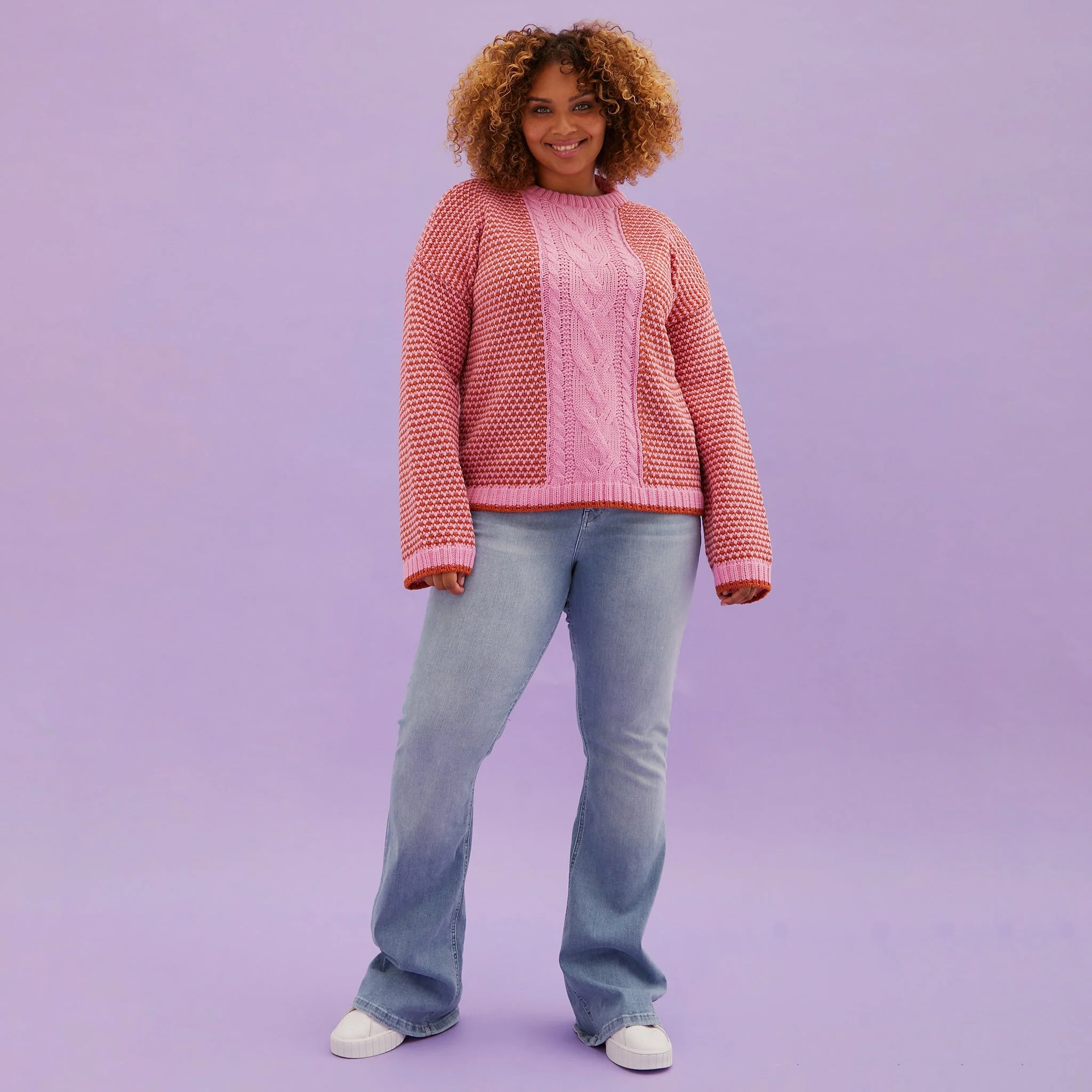 Frankie Cable Knit Crew Neck Jumper - Pink - Image 8