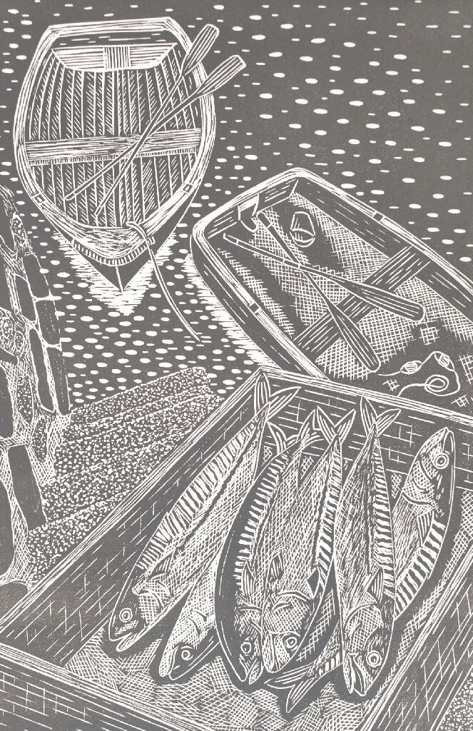 Fresh Mackerel on Quayside, French Grey, Falmouth Cornwall Lino Print - Image 2