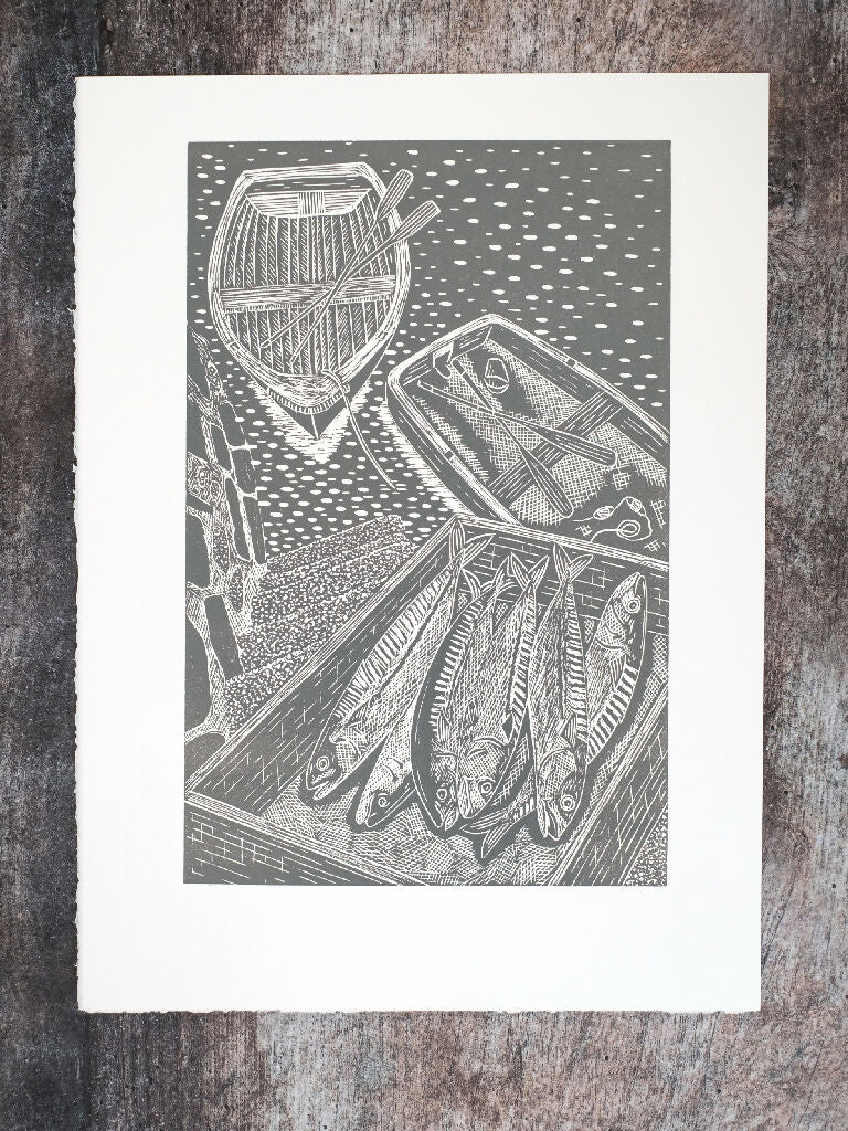 Fresh Mackerel on Quayside, French Grey, Falmouth Cornwall Lino Print - Image 3