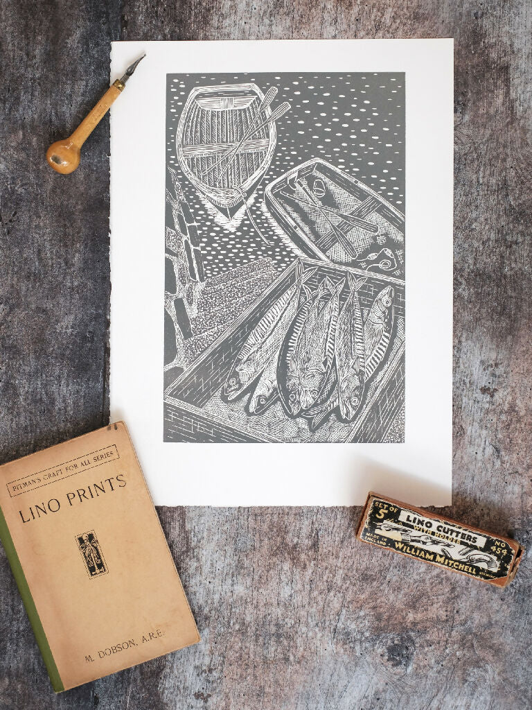 Fresh Mackerel on Quayside, French Grey, Falmouth Cornwall Lino Print - Image 4
