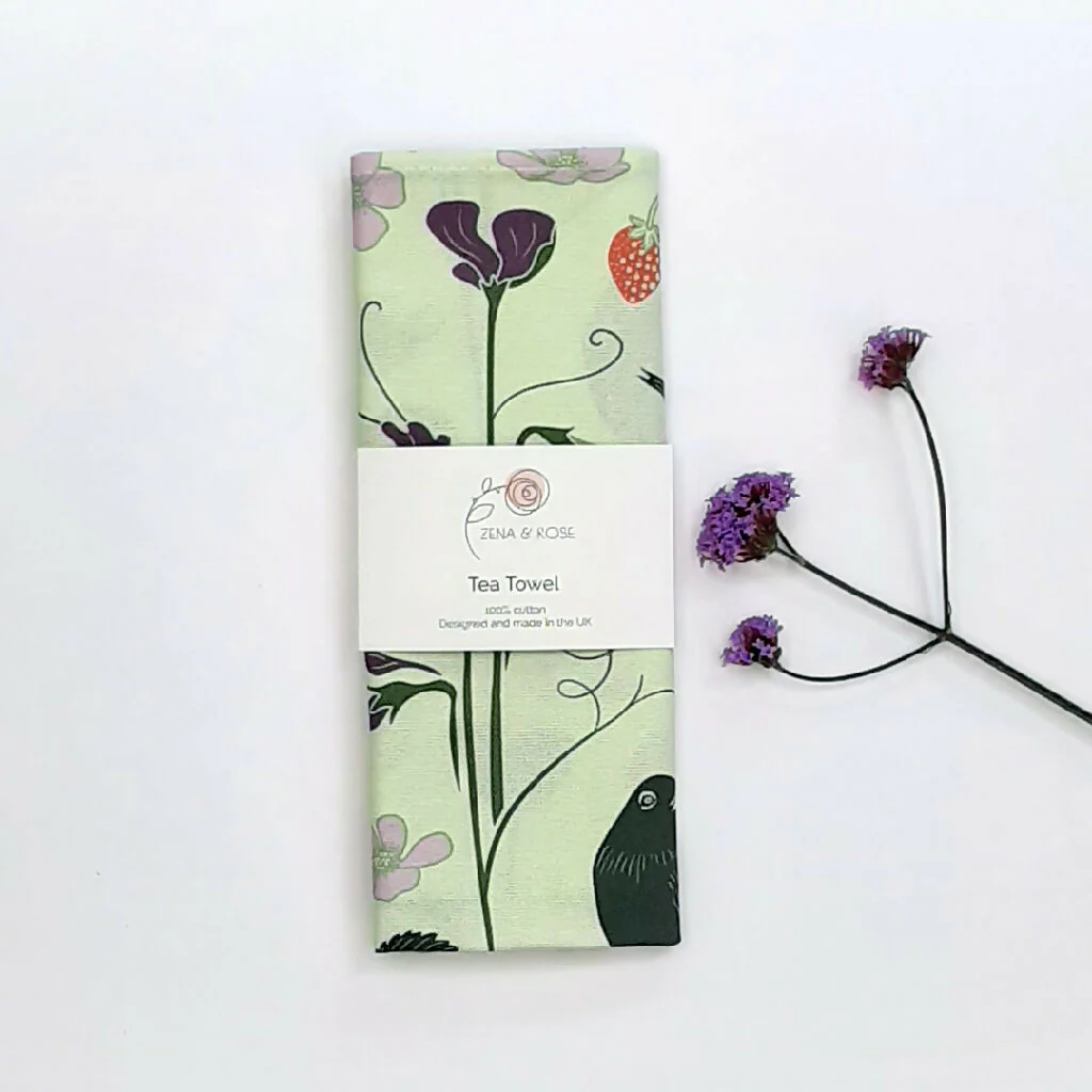 Fruit & Birds pattern tea towel in pink or green - Image 2