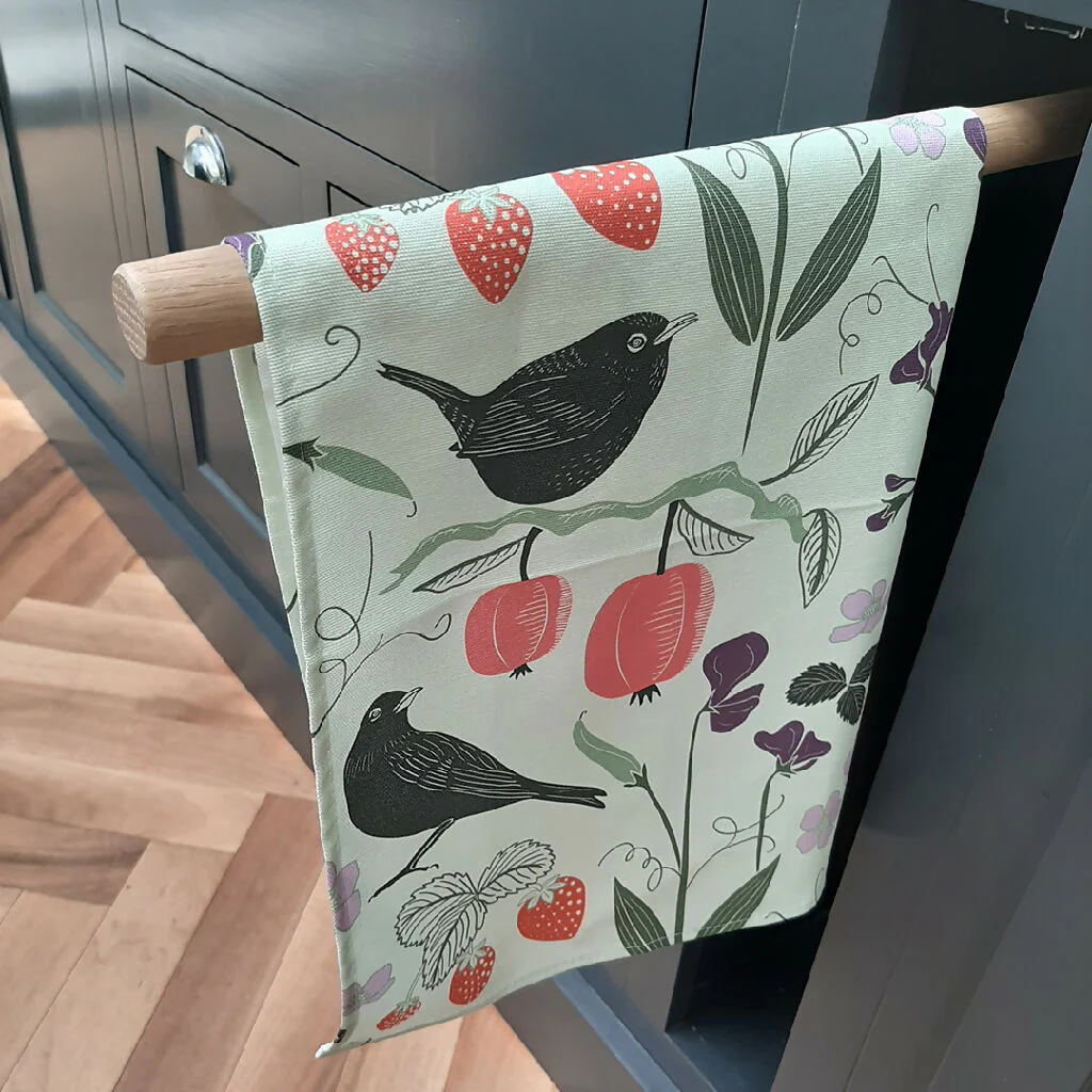 Fruit & Birds pattern tea towel in pink or green - Image 3