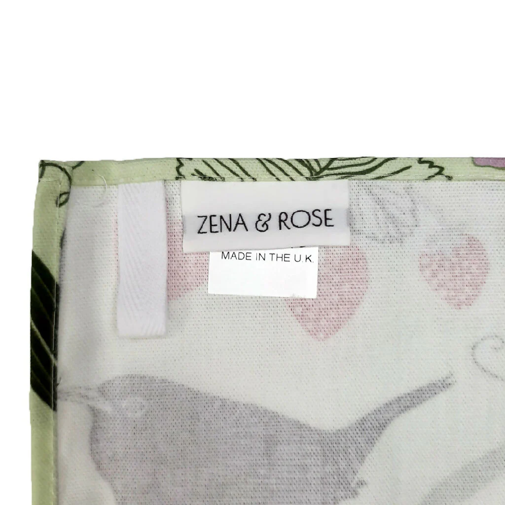 Fruit & Birds pattern tea towel in pink or green - Image 4