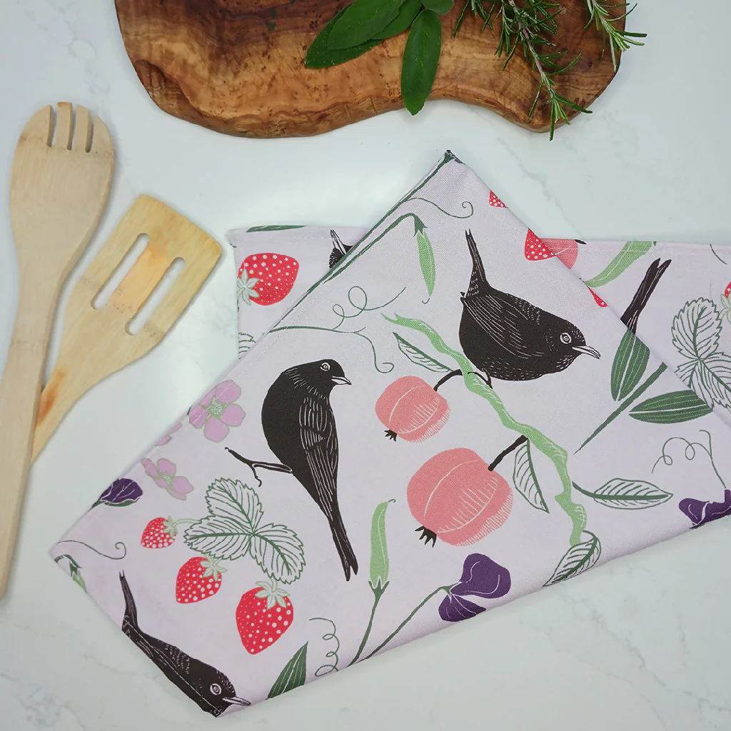 Fruit & Birds pattern tea towel in pink or green - Image 5