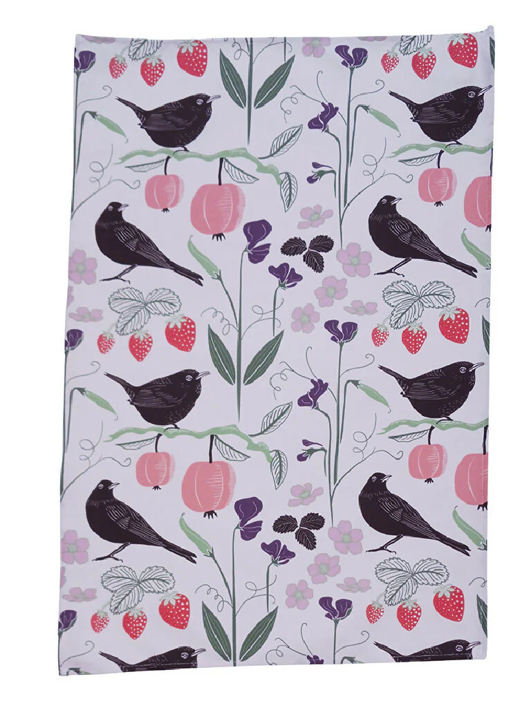 Fruit & Birds pattern tea towel in pink or green - Image 6