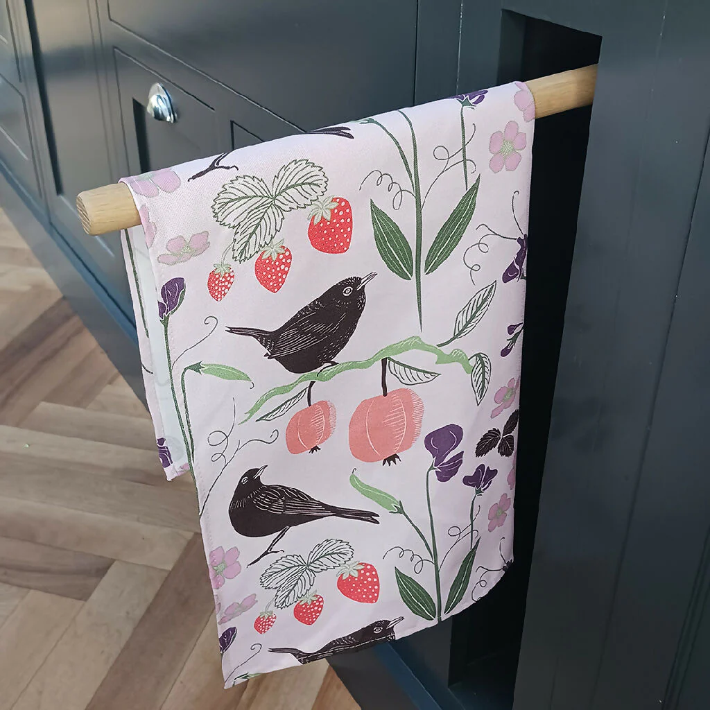Fruit & Birds pattern tea towel in pink or green - Image 7