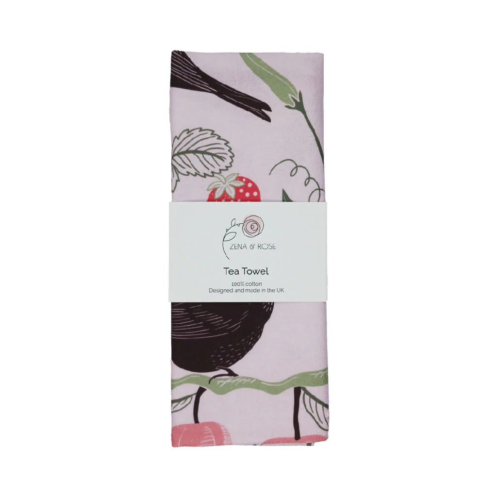 Fruit & Birds pattern tea towel in pink or green - Image 8