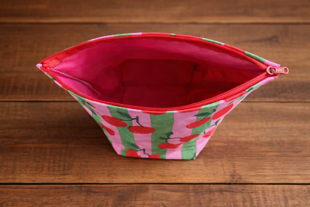 Funky Pink cotton Cherry handmade fabric washbag - Image 3
