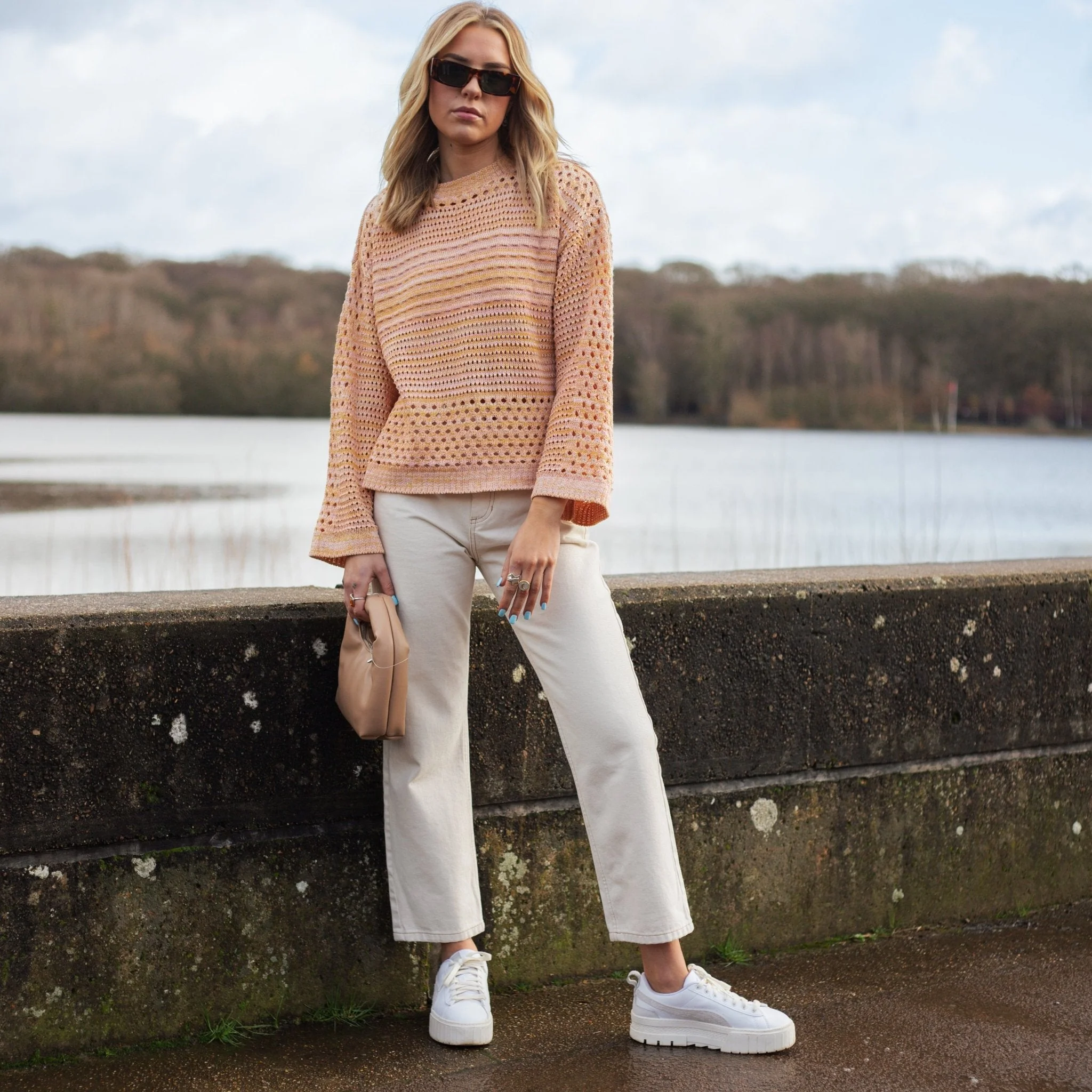 Gala Recycled Cotton Mix Pointelle Wide Sleeve Jumper - Orange - Image 5