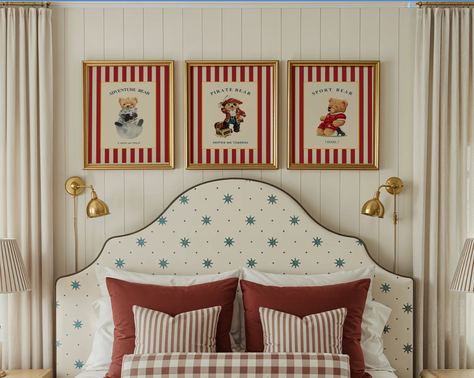 Gallery Set of 3 Vintage Bear Prints on Red Striped Wallpaper