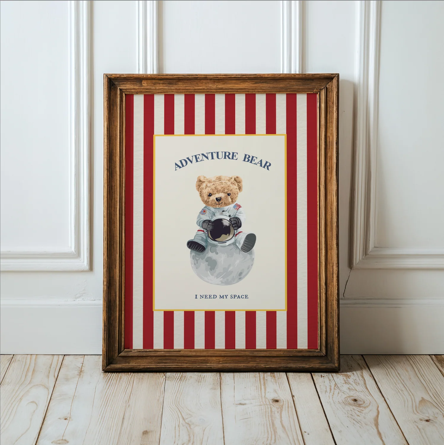 Gallery Set of 3 Vintage Bear Prints on Red Striped Wallpaper - Image 2