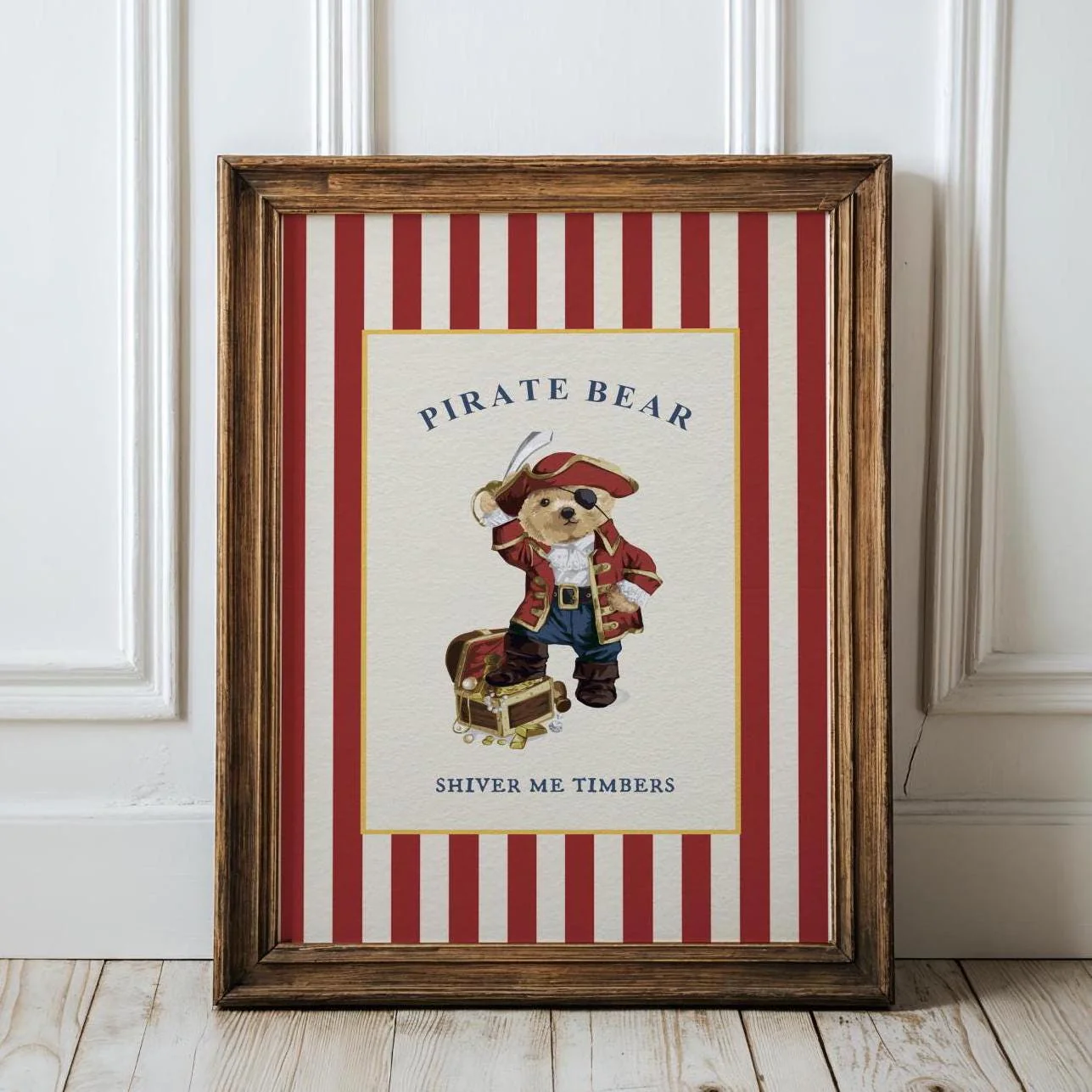 Gallery Set of 3 Vintage Bear Prints on Red Striped Wallpaper - Image 3