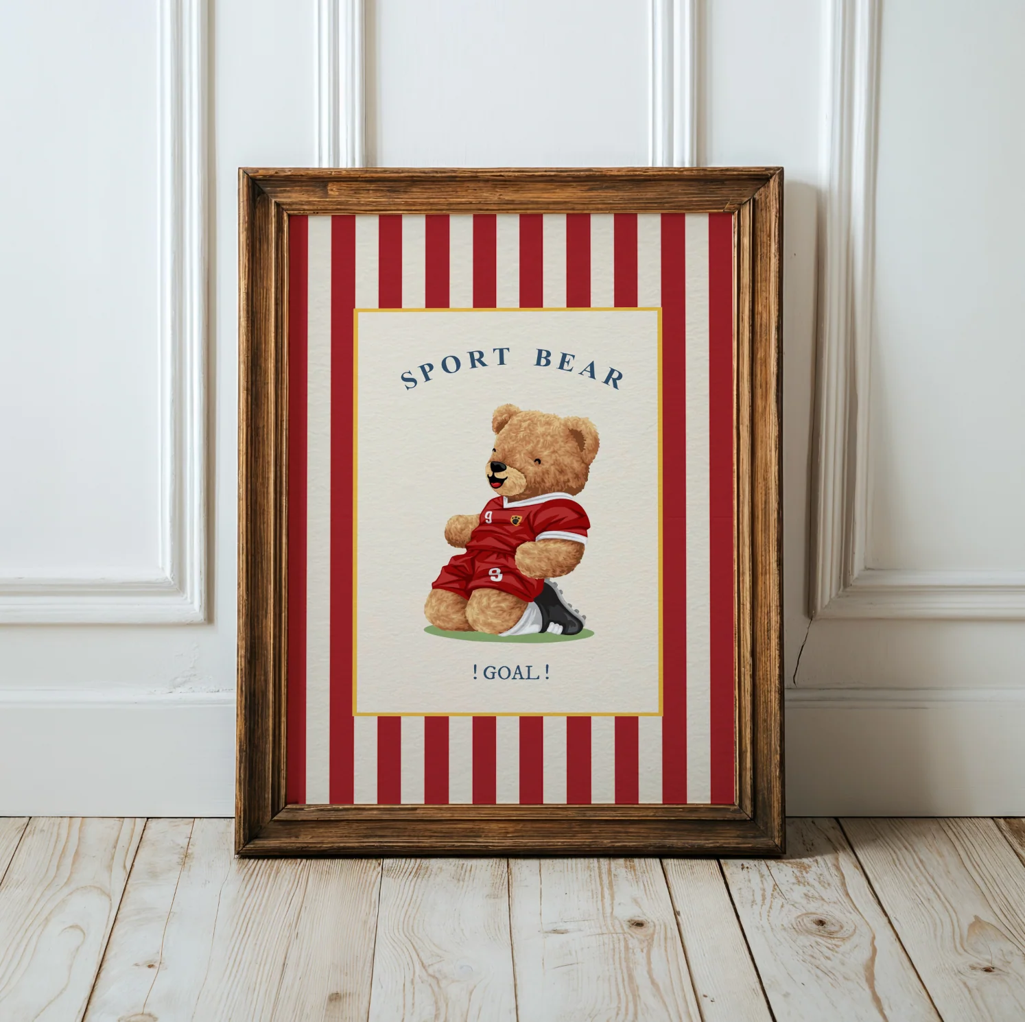 Gallery Set of 3 Vintage Bear Prints on Red Striped Wallpaper - Image 4