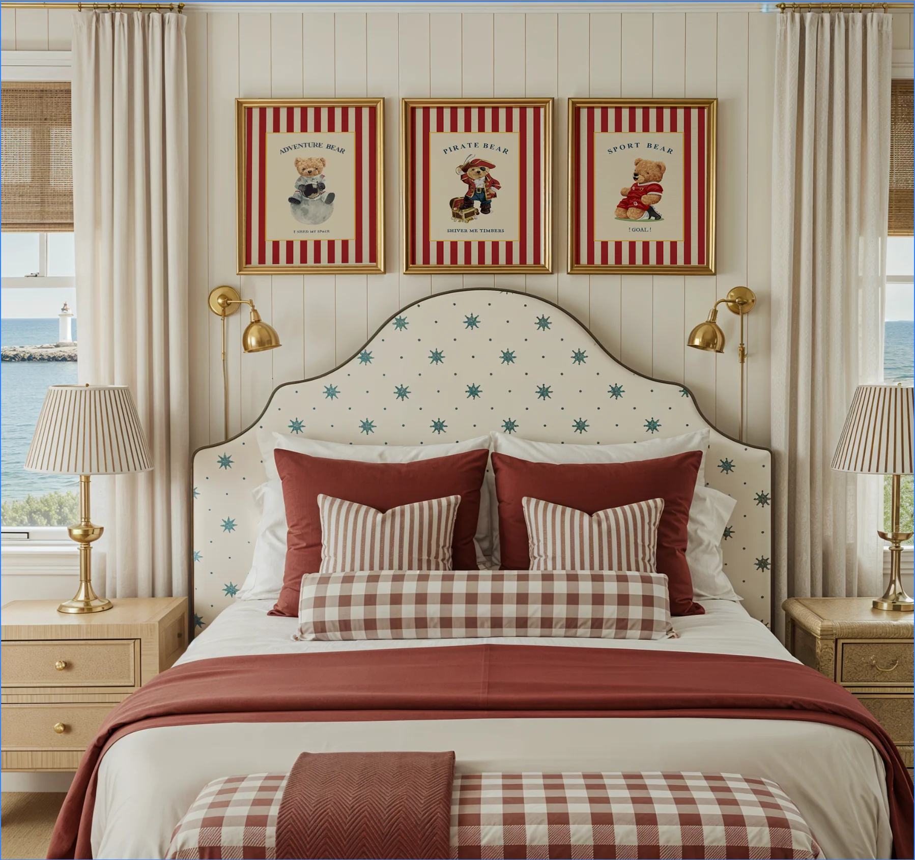 Gallery Set of 3 Vintage Bear Prints on Red Striped Wallpaper - Image 5