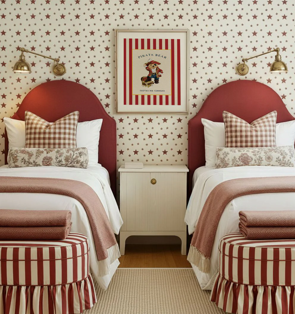 Gallery Set of 3 Vintage Bear Prints on Red Striped Wallpaper - Image 6