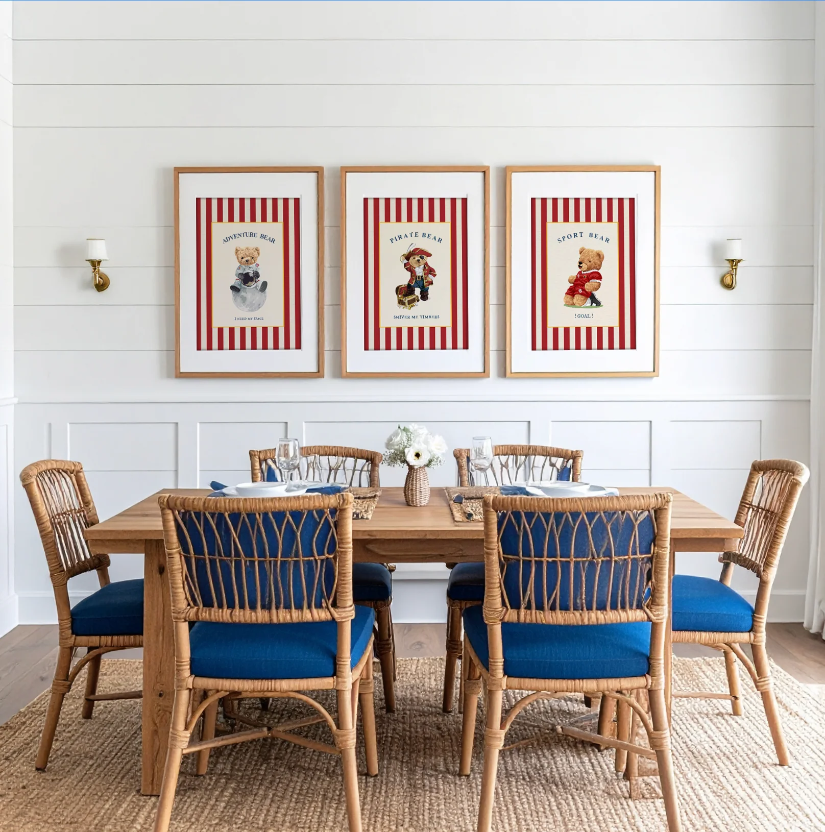 Gallery Set of 3 Vintage Bear Prints on Red Striped Wallpaper - Image 7
