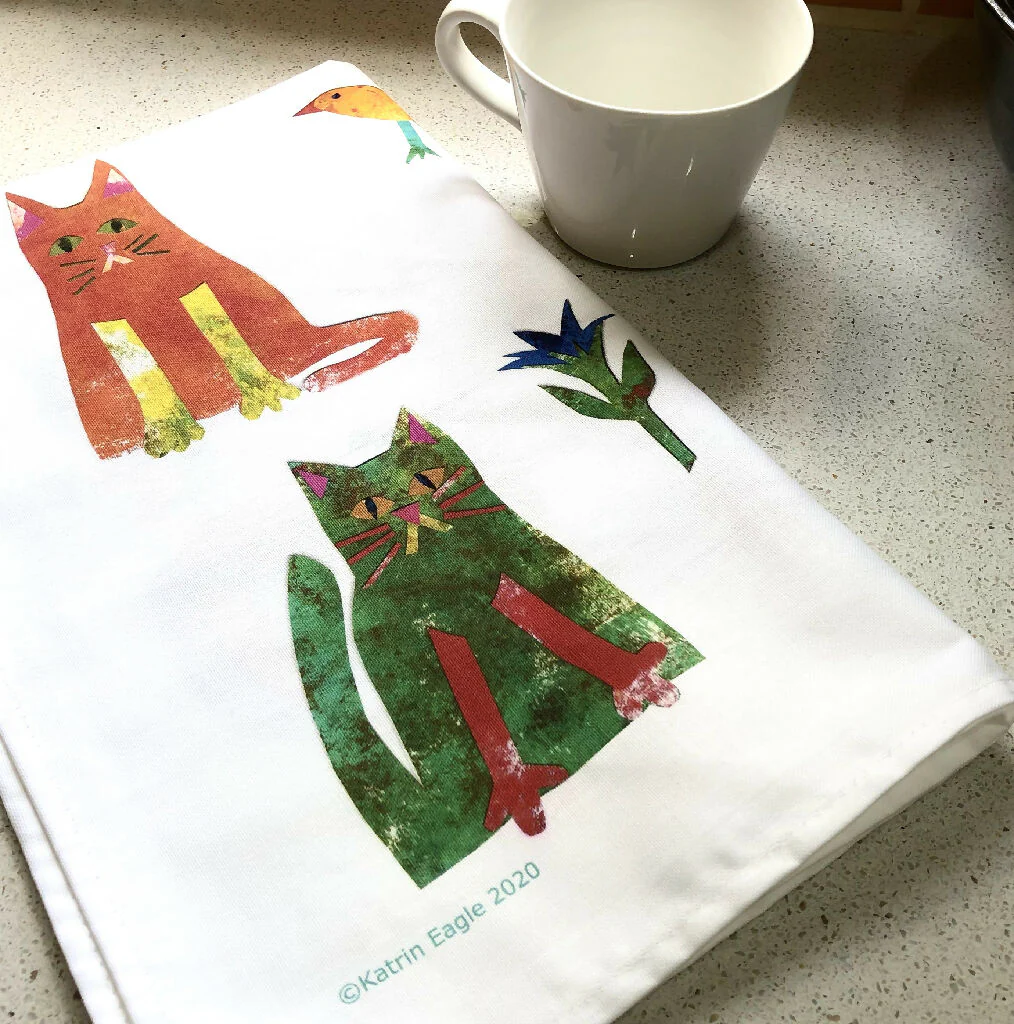 Garden Cats panel tea towel