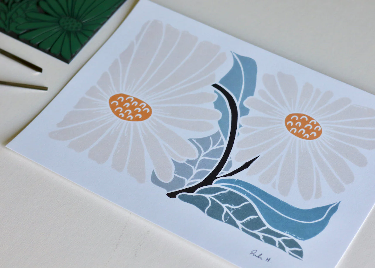 Garden Daisies Linocut Art | A5 or A4 Art Print on Cotton Paper - Image 3