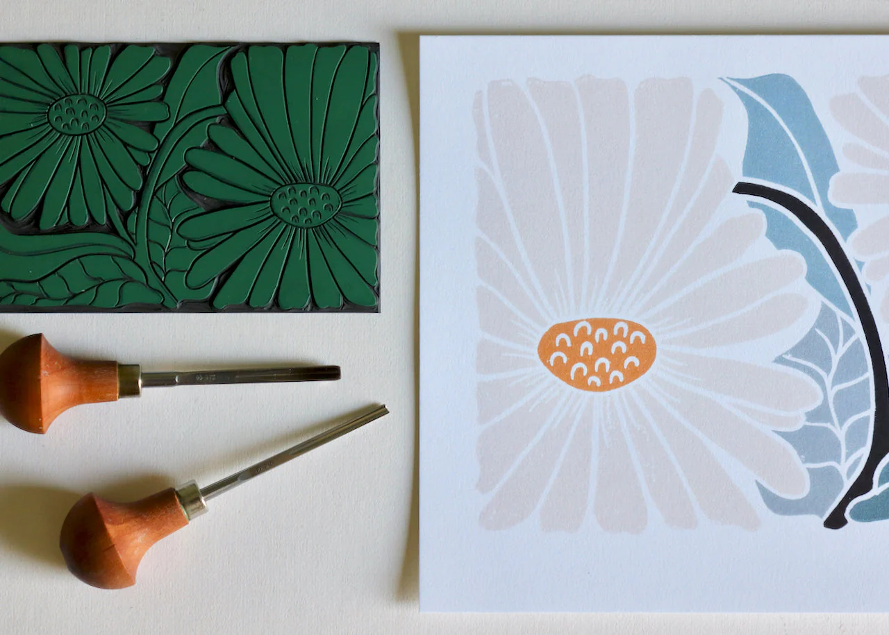 Garden Daisies Linocut Art | A5 or A4 Art Print on Cotton Paper - Image 4
