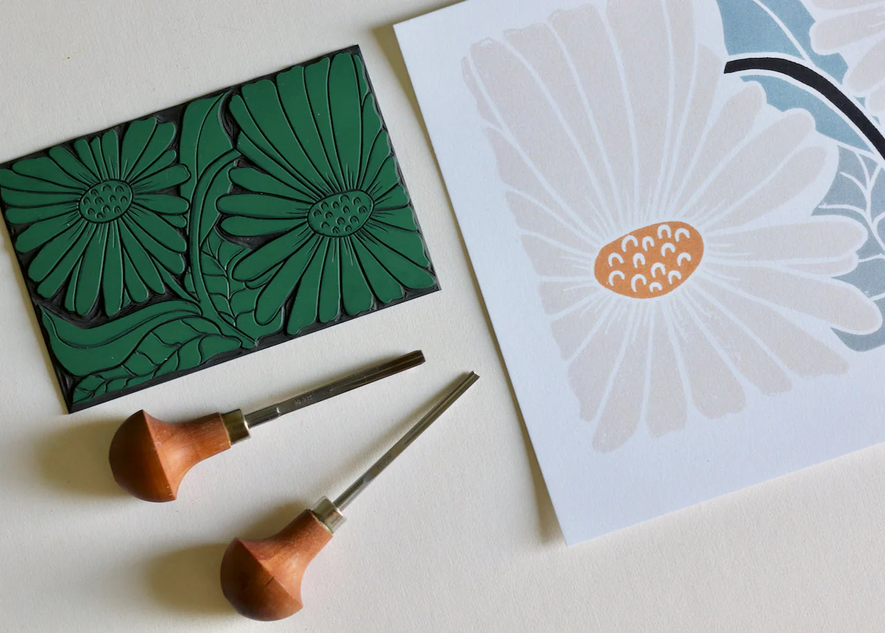 Garden Daisies Linocut Art | A5 or A4 Art Print on Cotton Paper - Image 5