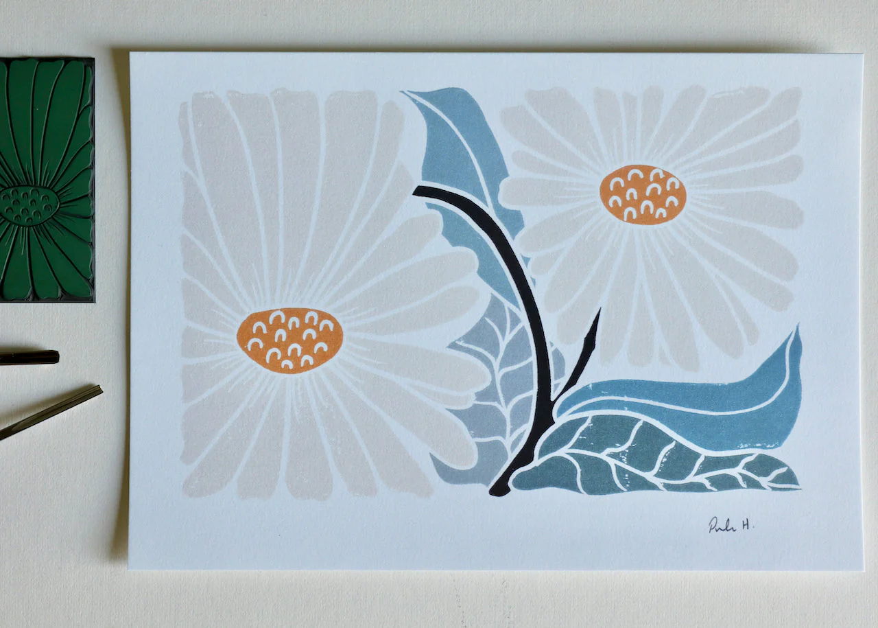 Garden Daisies Linocut Art | A5 or A4 Art Print on Cotton Paper - Image 6