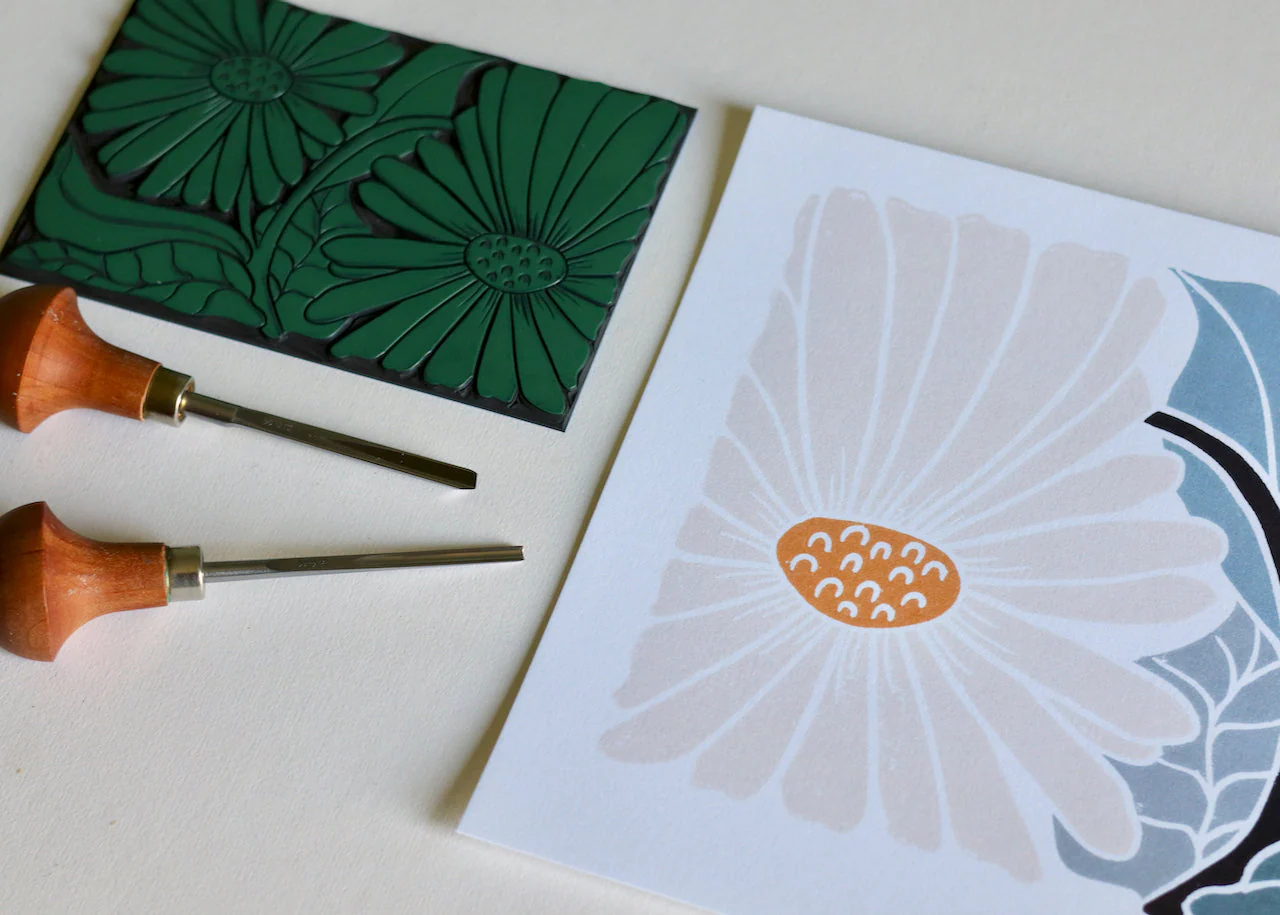 Garden Daisies Linocut Art | A5 or A4 Art Print on Cotton Paper - Image 7