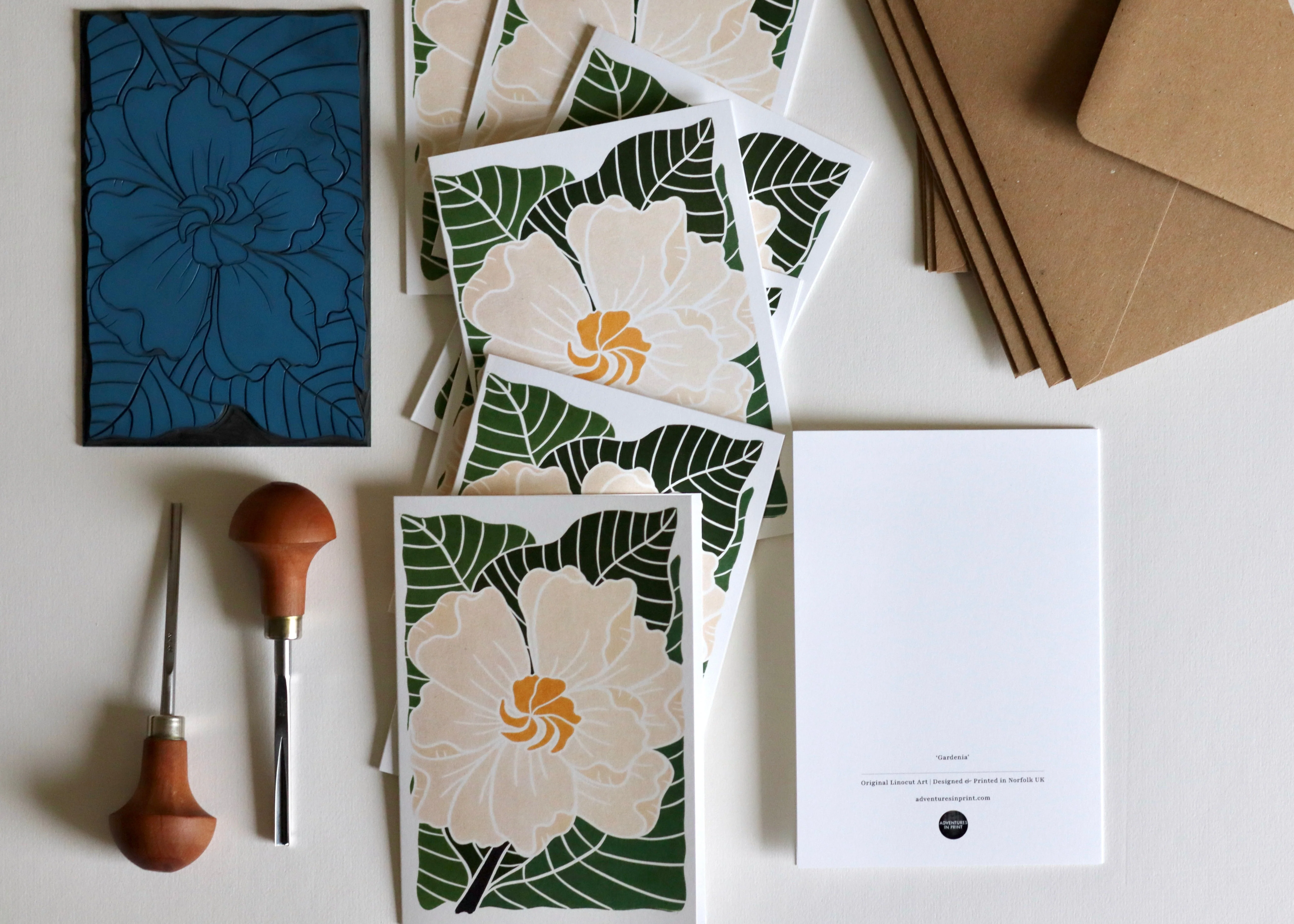 Gardenia Flower Linocut Art Notecards | Set of 8 Notecards & Envelopes - Image 4